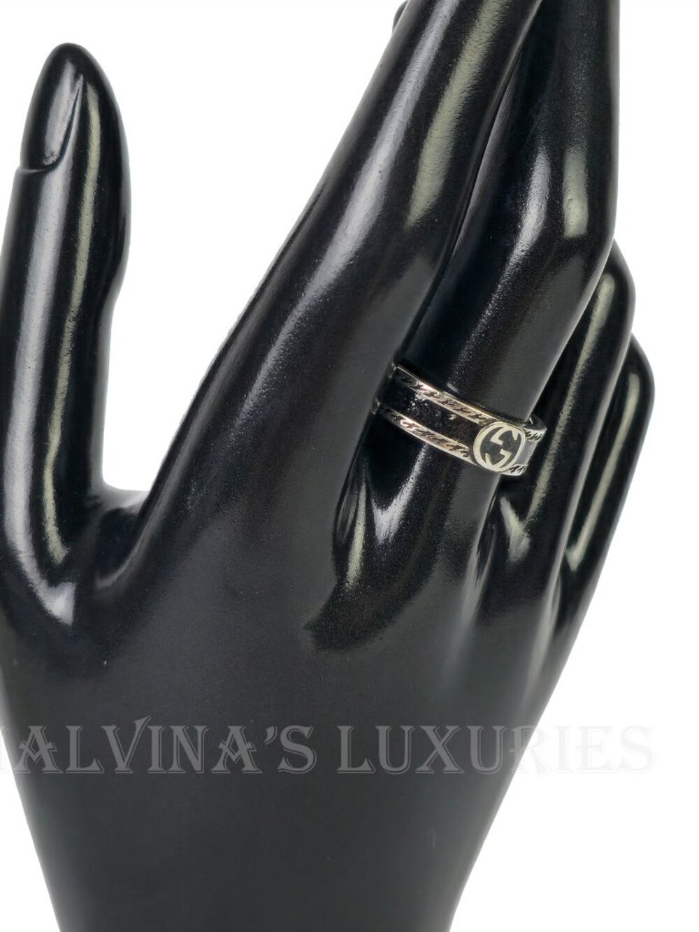 GUCCI RING STERLING SILVER w BLACK ENAMEL INTERLOCKING GG LOGO sz 22 US 10 - Picture 8 of 16